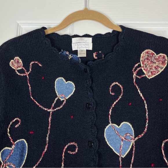 Vintage Y2K Christopher & Banks Hand Embroidered Strung Hearts Cardigan Sweater - Picture 3 of 8